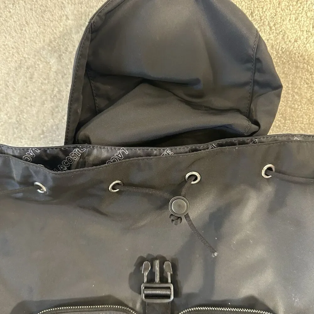 Lacoste Women's Solid Black Cinch Flap Nylon Bag Backpack
